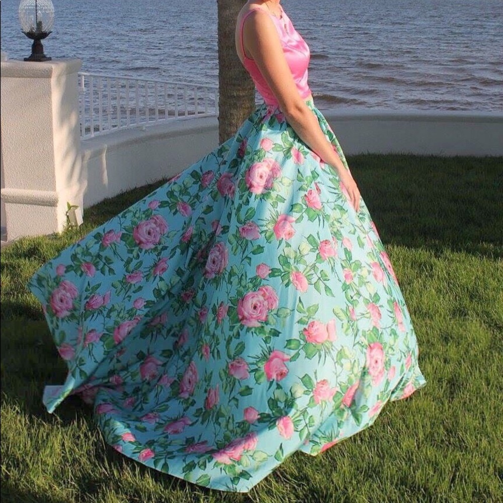 Pink and Blue Floral Sherri Hill 2Piece Ball Gown